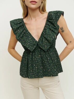 Reformation Dark Green Floral Print Renzo Top